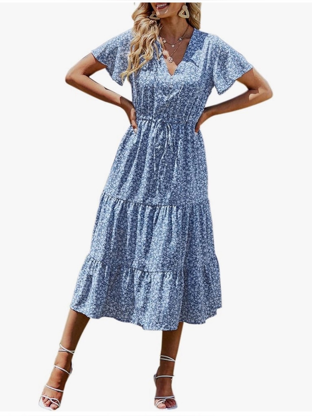 Blue Floral V-Neck Tiered Midi Dress - Lightweight Summer Dress